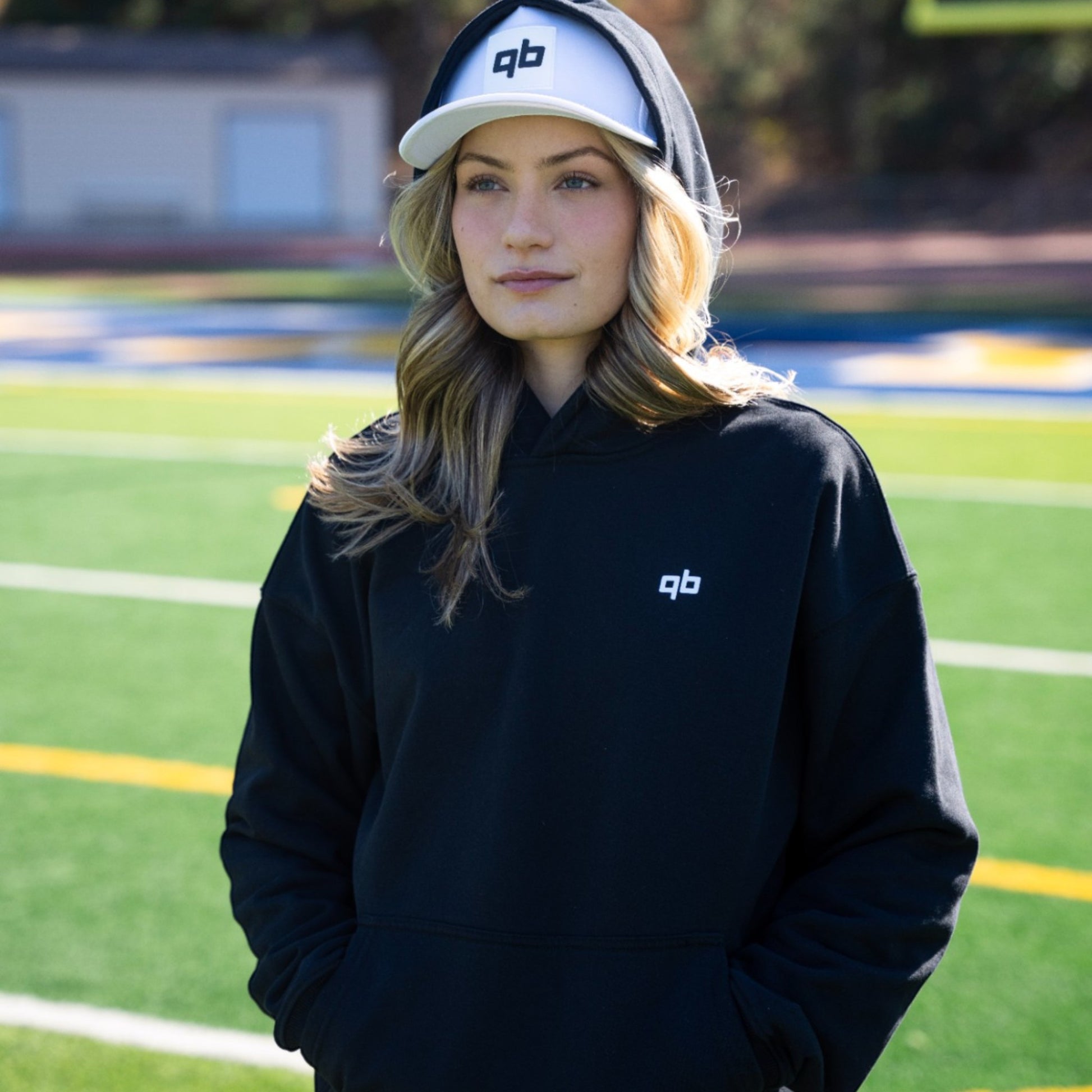 qb pocket passer black cotton hoodie for quarterbacks women