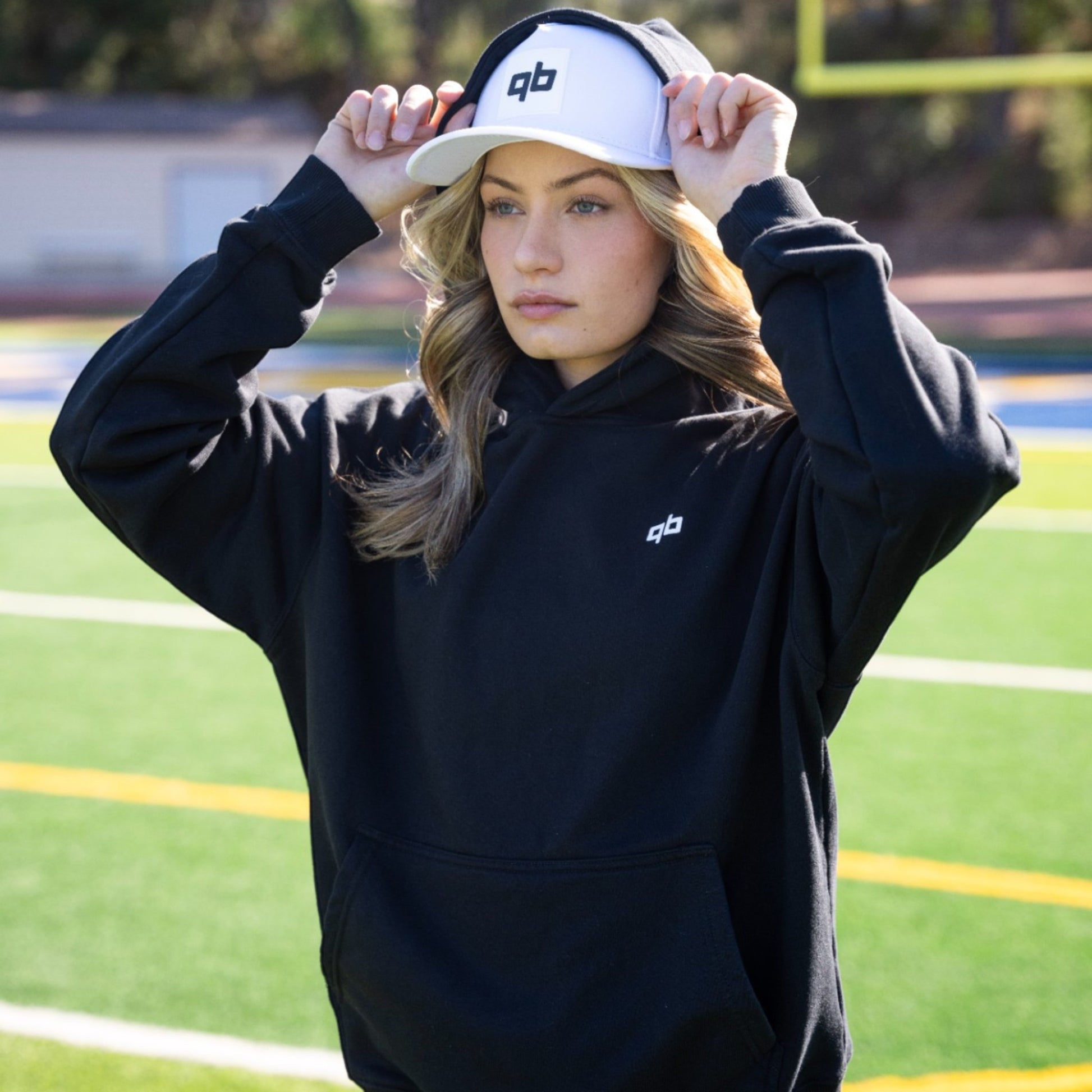 qb pocket passer black cotton hoodie for quarterbacks women