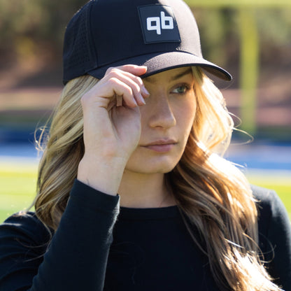 qb pocket passer black hat for quarterbacks and qbs close up women